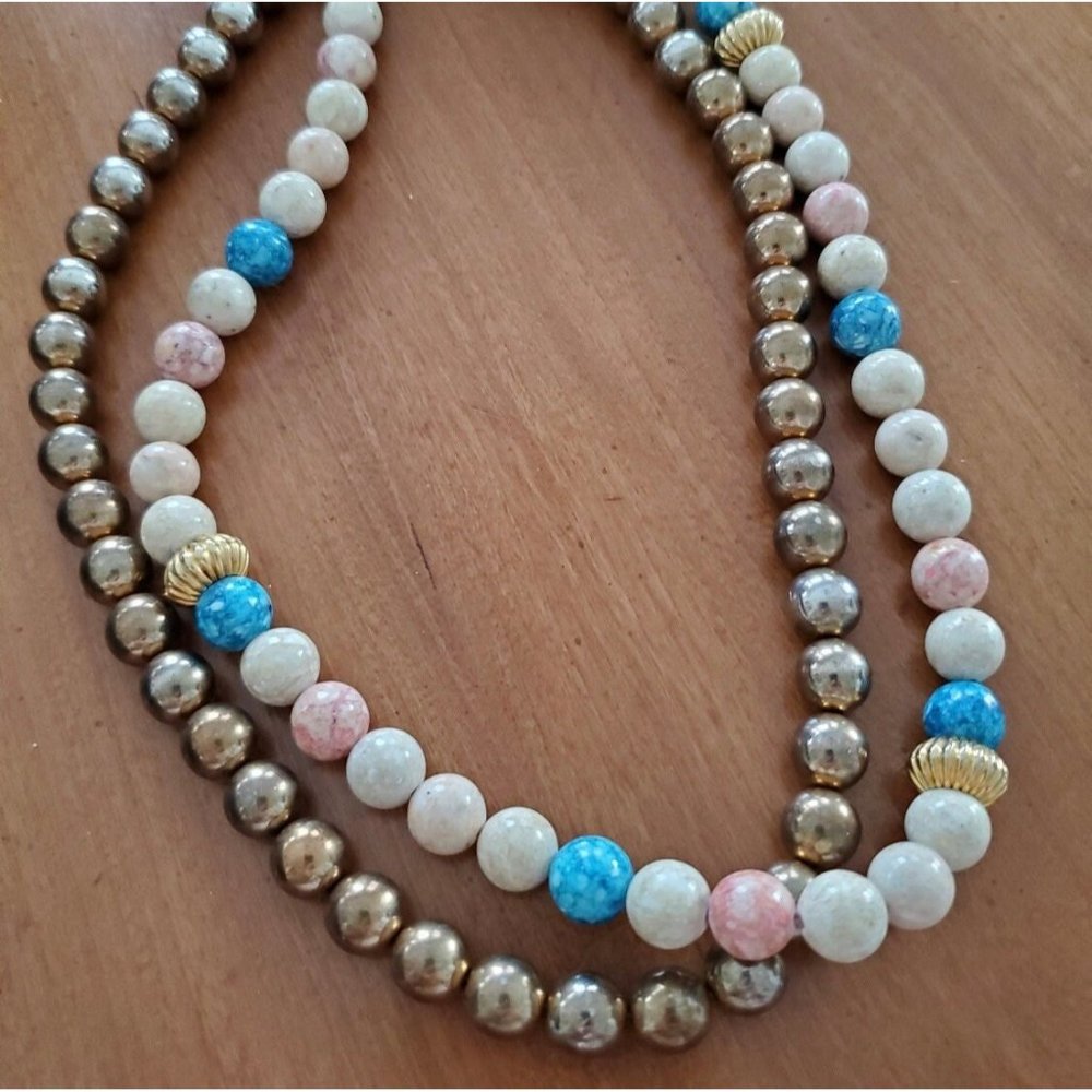 Vintage pastel and gold beaded necklace | double layered necklace